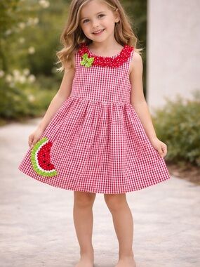 Emily Rose Girls Gingham Dress Size 5 Watermelon Appliqué Summer Cute